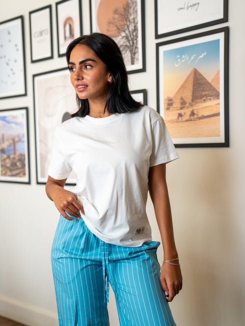 Women summer pajama set White Tee + Teal X White Stripes Pants